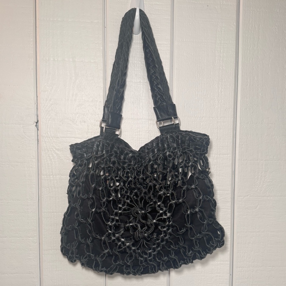 Deux Lux Black Leather Crochet Shoulder Bag